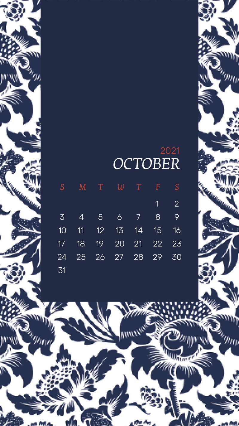 日历2021年10月带William Morris花卉图案的可编辑模板psd