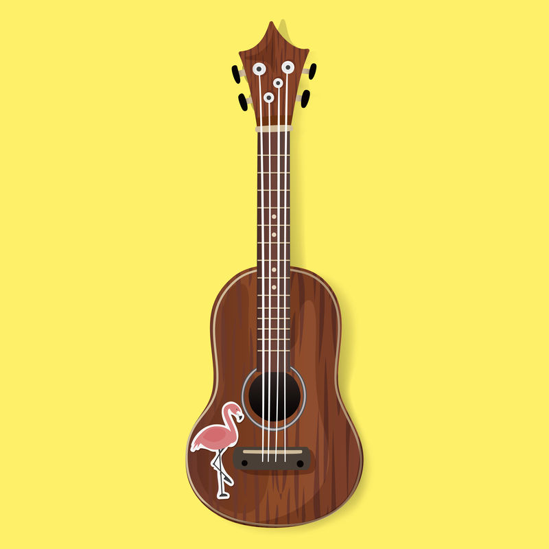 木吉他乐器与火烈鸟贴纸矢量插图