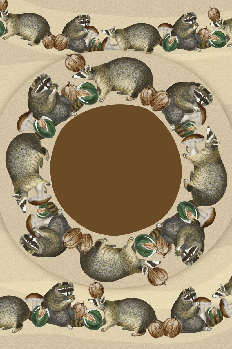 浣熊图案圆形框架向量在巢中吃坚果