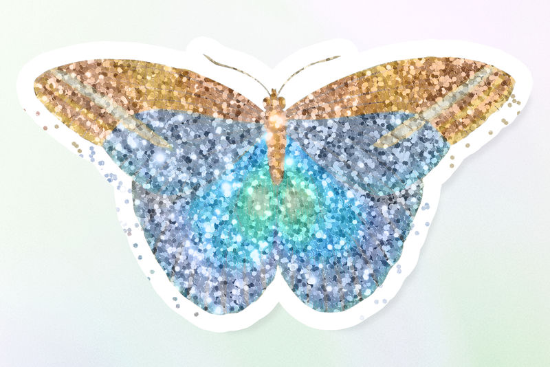 闪亮的蓝色蝴蝶贴纸渐变背景上有白色边框