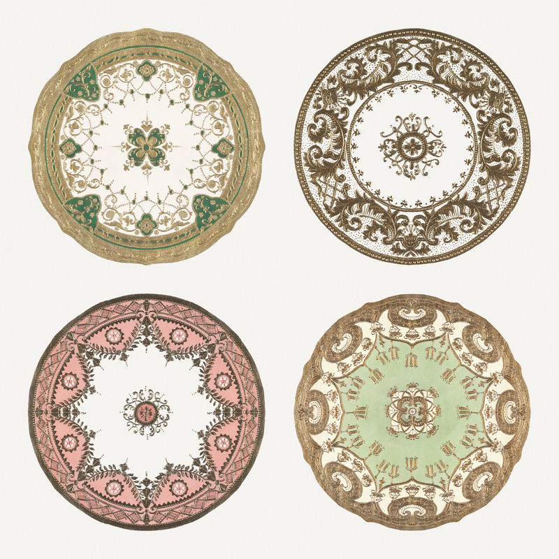 拼盘psd设计套装上的复古曼荼罗图案由Noritake工厂中国瓷器餐具设计重新混合而成