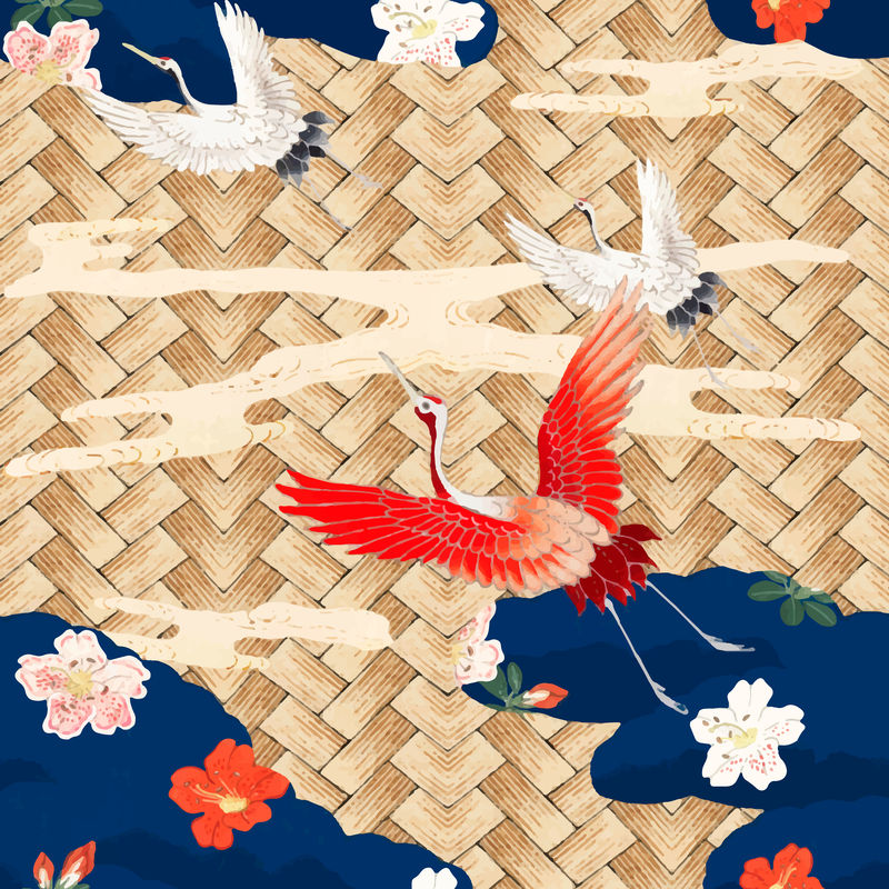 传统日本竹编织品以鹤纹为载体由渡边胜泰艺术作品混搭而成