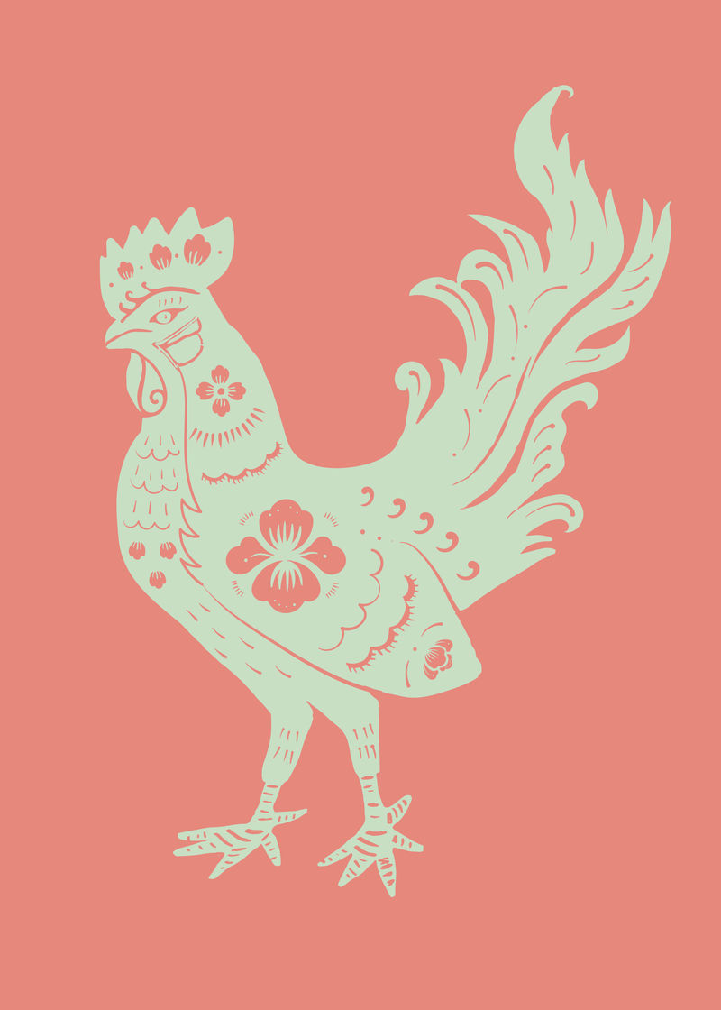 鸡年绿色矢量传统十二生肖插图