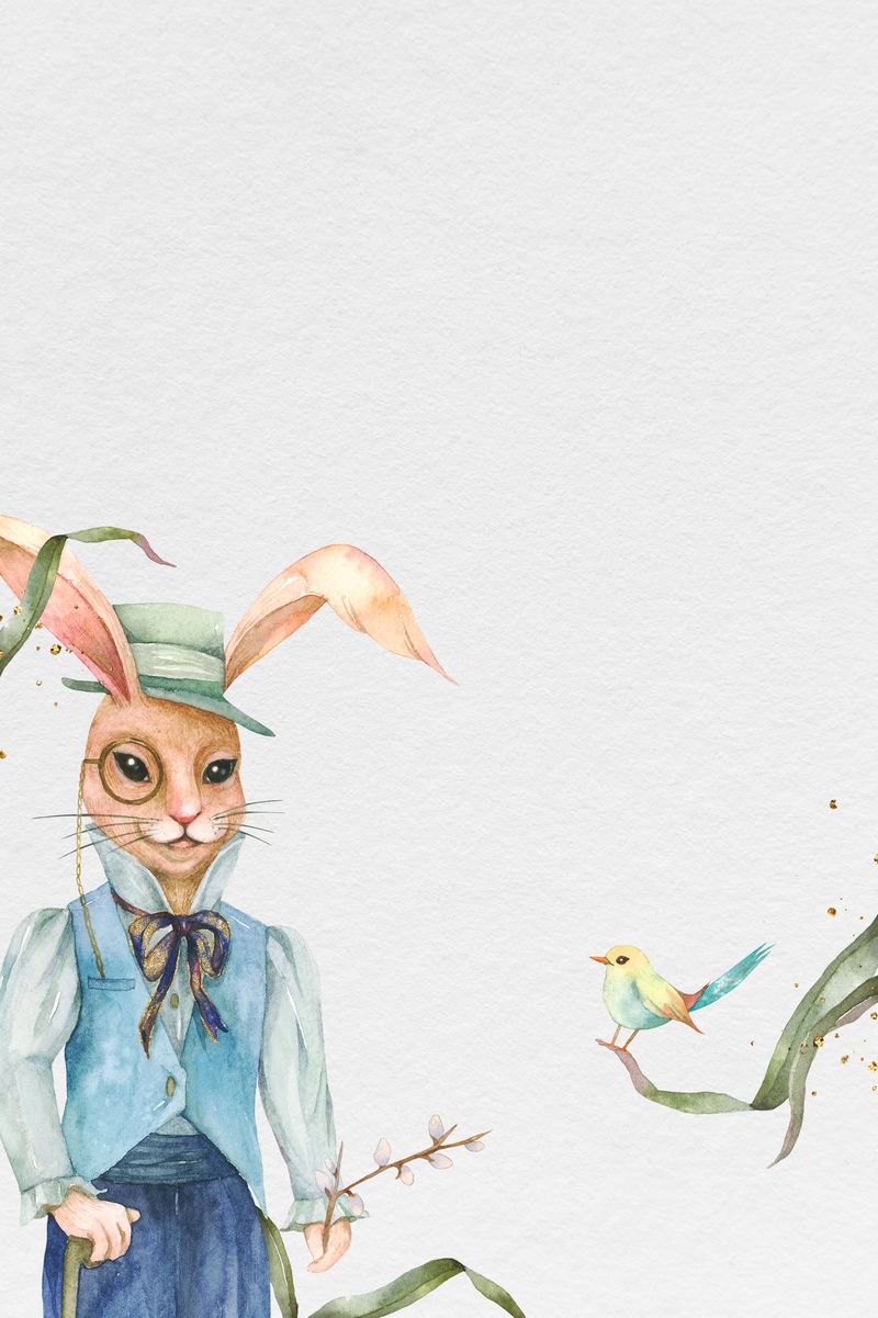 复活节兔子背景psd与水彩小鸟