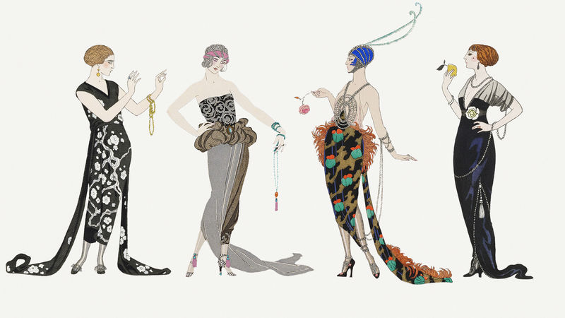 20世纪20年代女性&#x27；s时尚派对礼服套装由George Barbier的艺术作品混搭而成