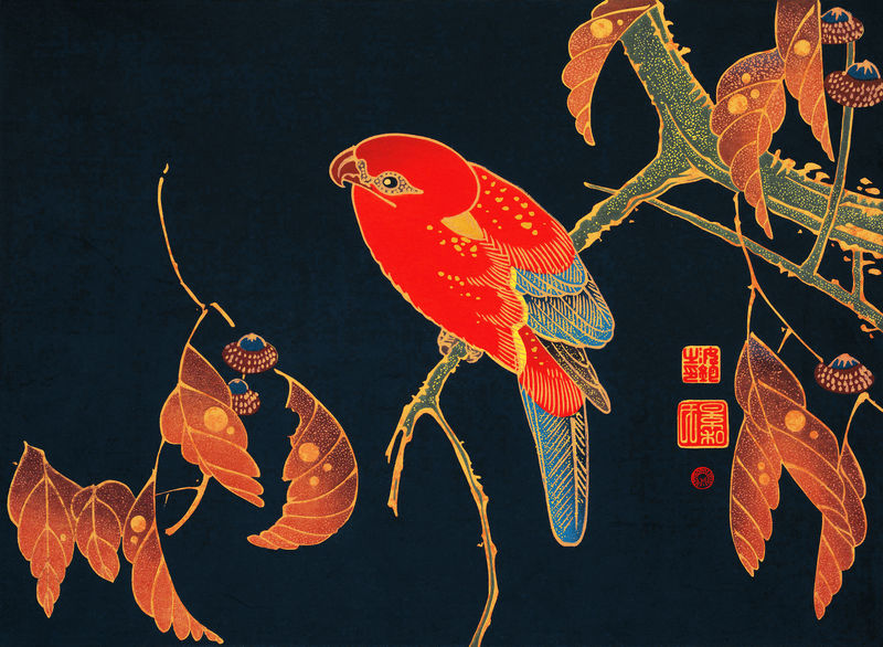 树枝上的红鹦鹉复古墙面艺术印刷海报设计由伊藤·雅库楚原创作品混合而成