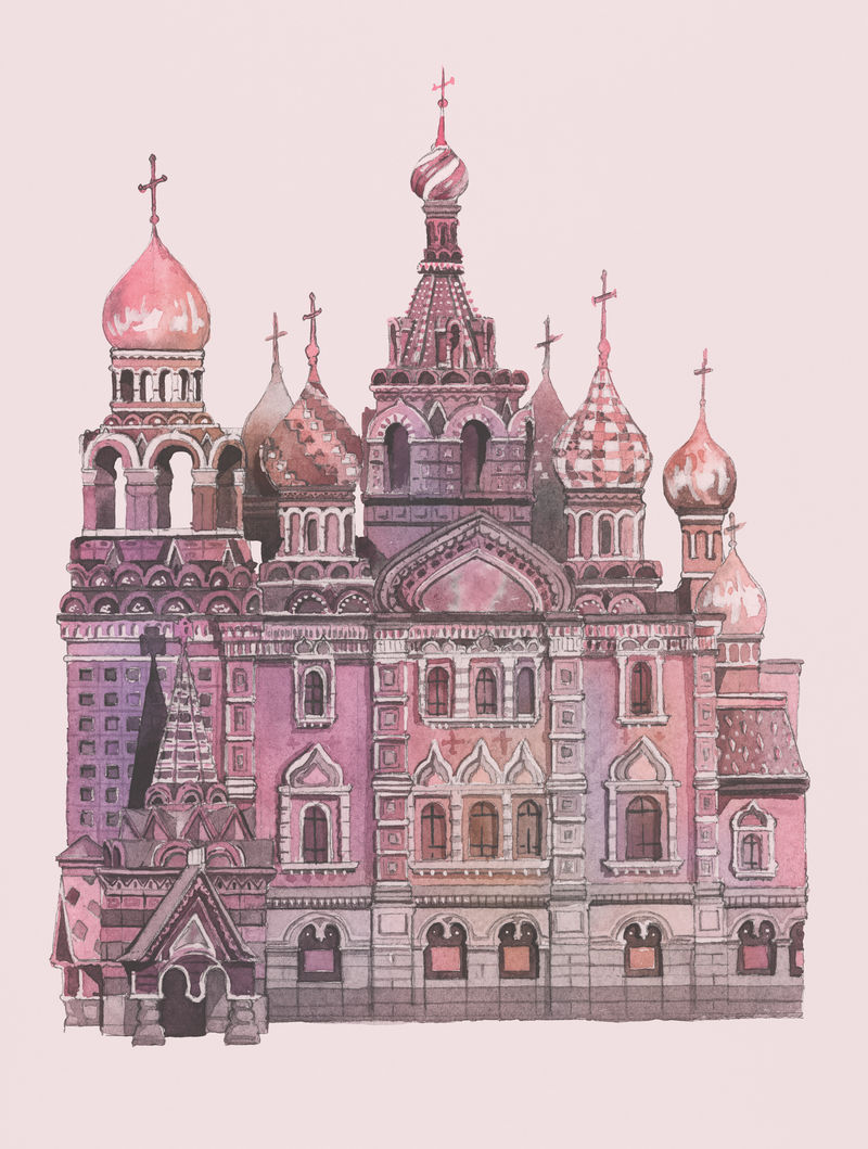 圣巴兹尔&#x27；用水彩画的圣母大教堂