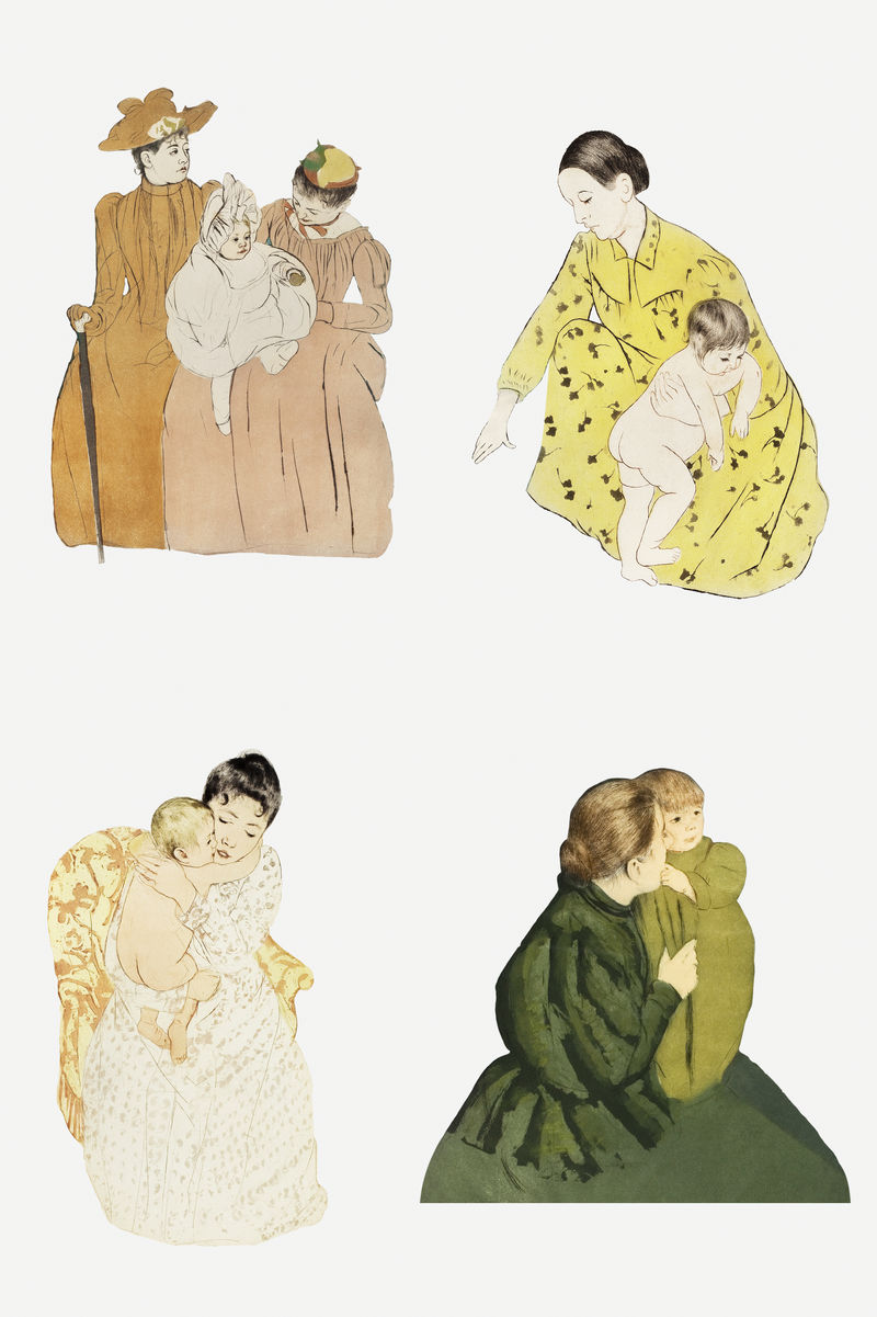 复古手绘母亲和她的孩子插图集混合从玛丽卡萨特的艺术作品