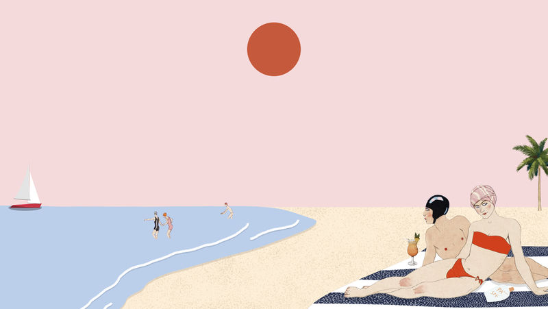 海滩背景psd人们在日光浴由乔治·巴比尔的艺术作品混合而成