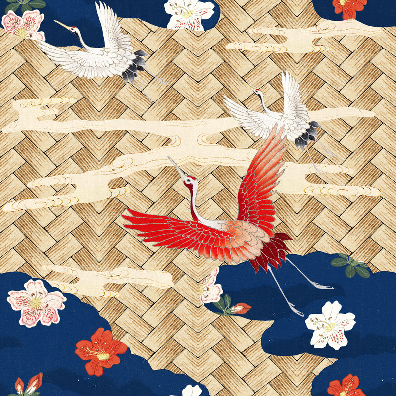 传统的日本竹编与起重机psd模式由渡边胜泰艺术作品的混合