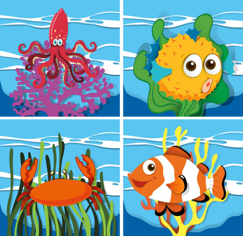 海底海洋动物矢量插画