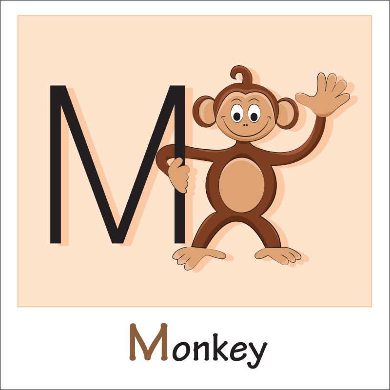 矢量卡通猴子和字母插图