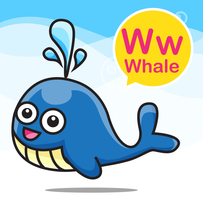 矢量字母W与卡通鲸鱼