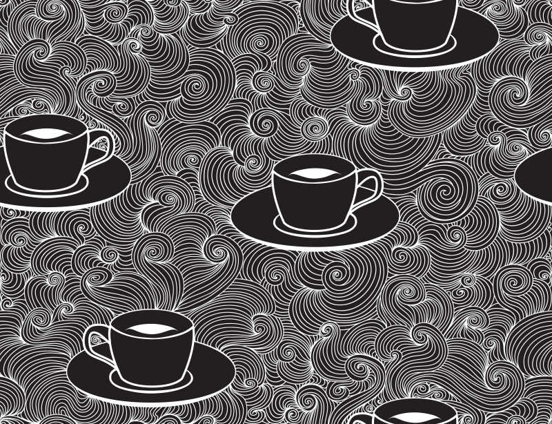 矢量咖啡杯和线条装饰无缝插图