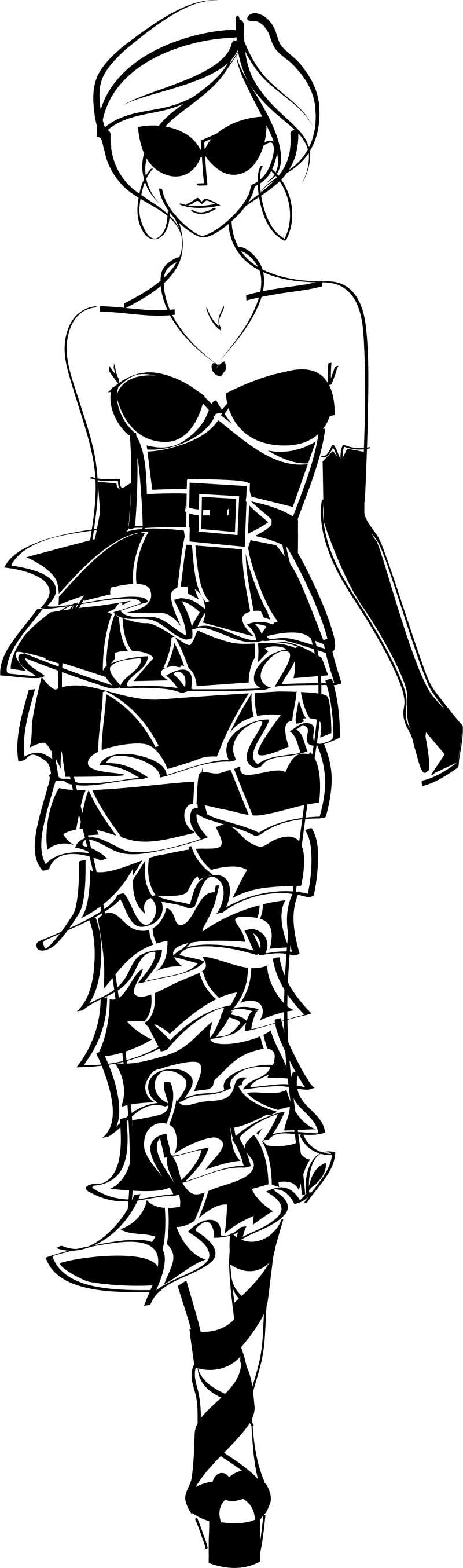 一个时尚漂亮的女人的黑白素描矢量插图