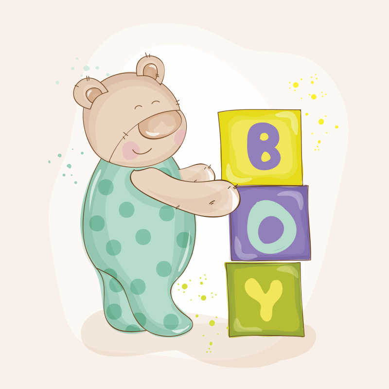 堆积木的可爱熊宝宝矢量插画