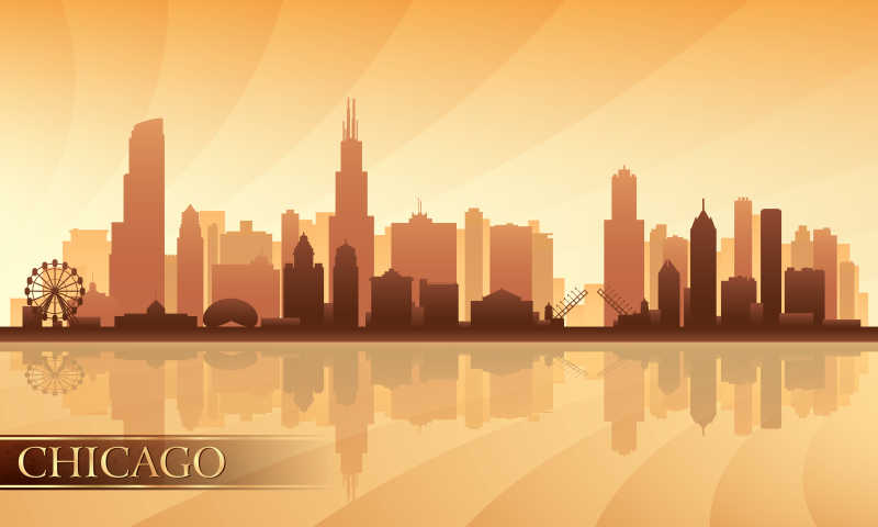 芝加哥城市轮廓线剪影矢量插图