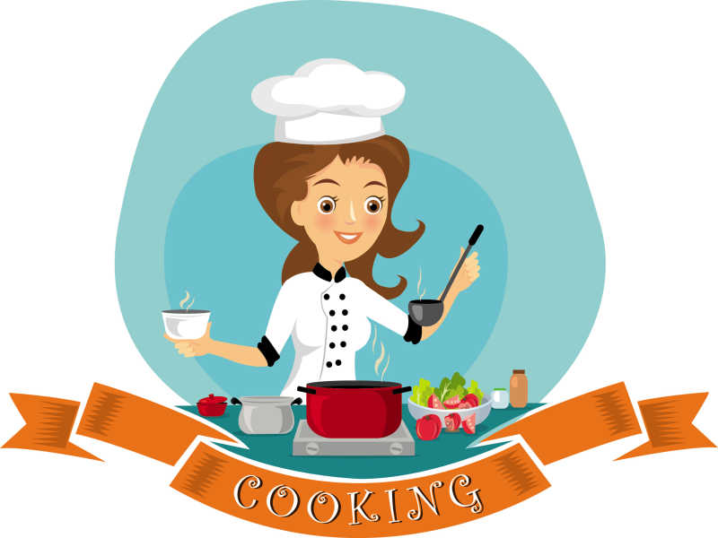 烹饪的女厨师卡通矢量插图