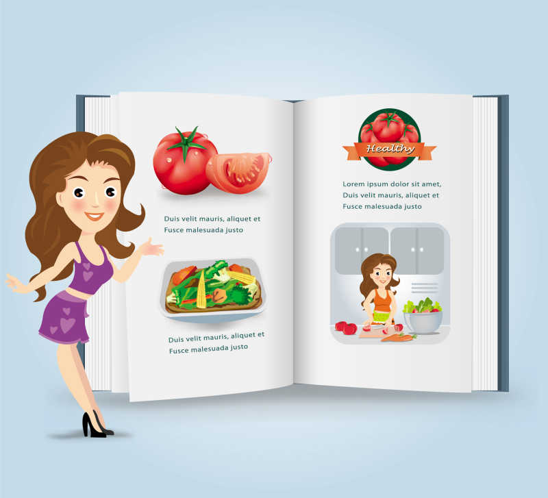 女人介绍烹饪书的矢量插图