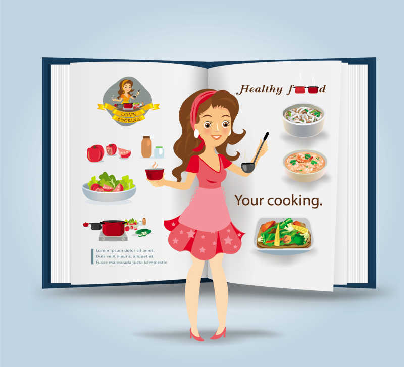 女人站在料理书前的矢量卡通插图