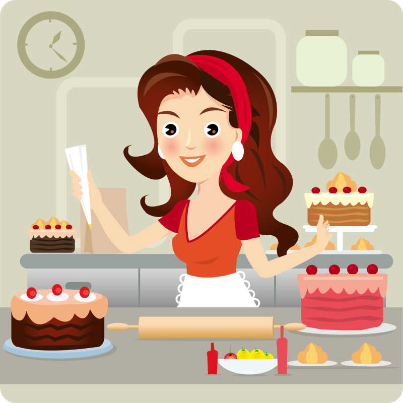 做蛋糕的女人矢量插图