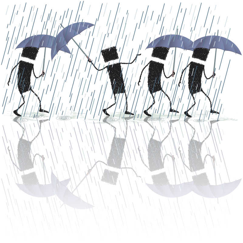  矢量雨中各种步行者的插图