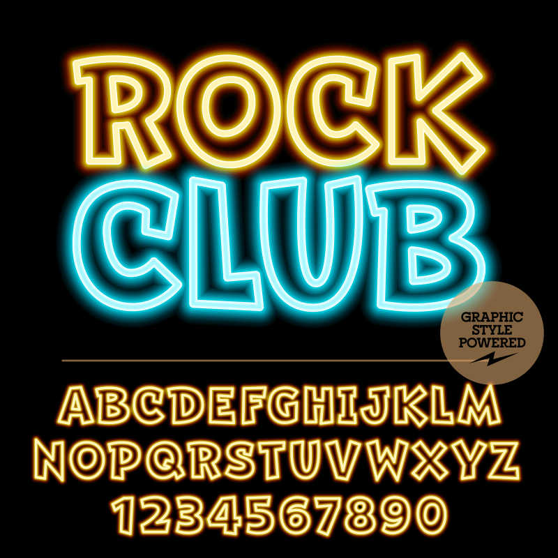 矢量霓虹灯滚石俱乐部和字母表