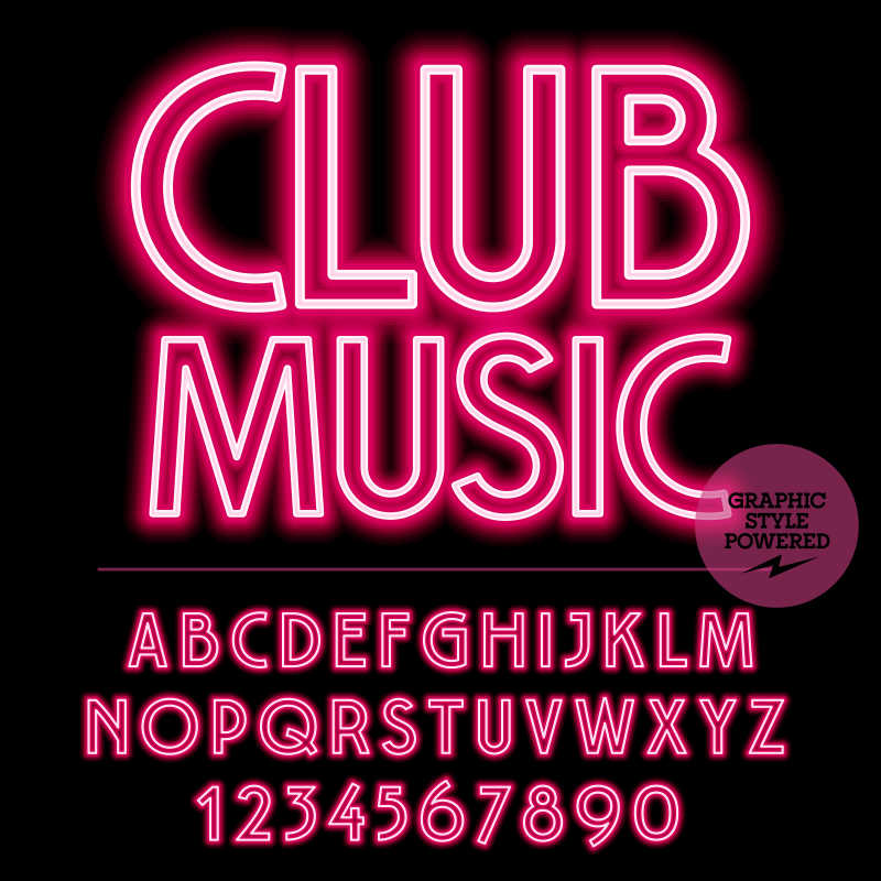 矢量霓虹灯俱乐部音乐和字母数字