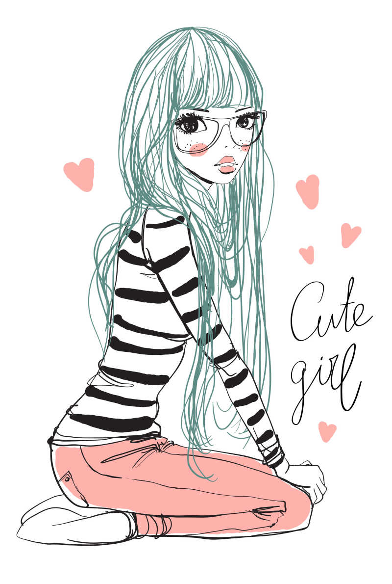 绿色头发的时尚女孩矢量插画