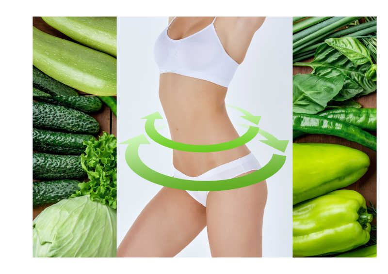 女性瘦身和各种绿色的蔬菜