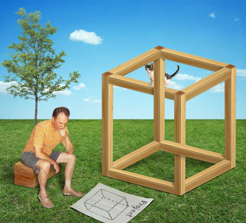草地上看着立体几何图纸的男子和旁边建造的立方体