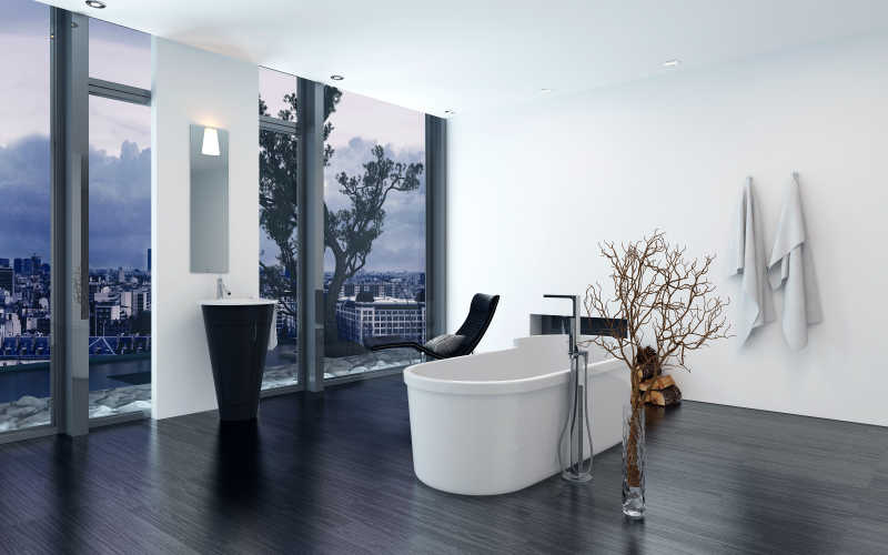 现代当代豪华浴室内饰与独立浴缸