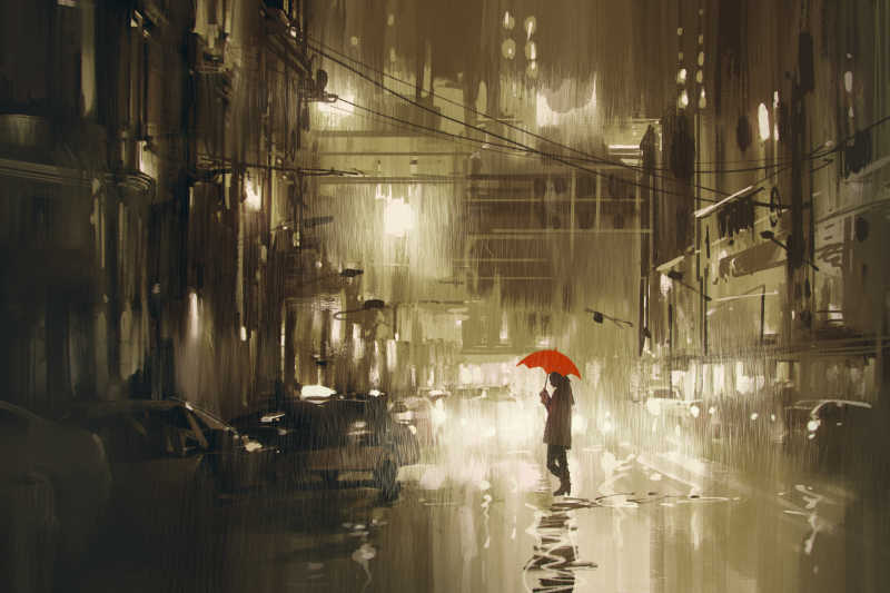 女人带着红色雨伞过马路的彩绘