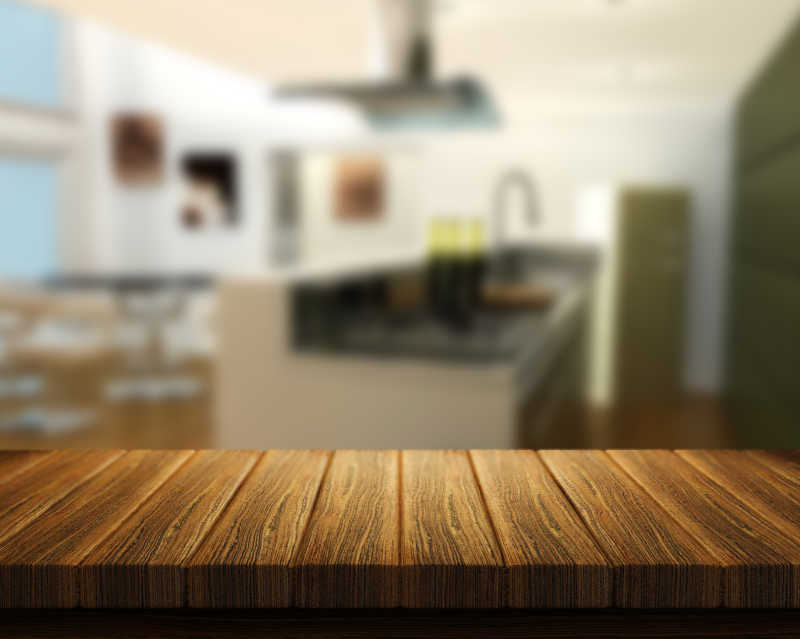 镜头散焦模式下的厨房木桌