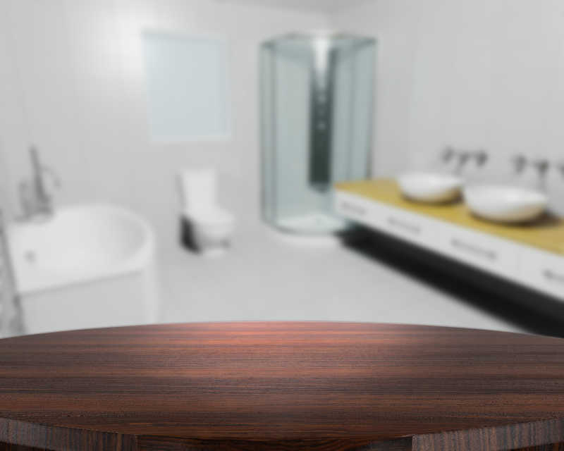 浴室里的美丽的棕色木纹桌面