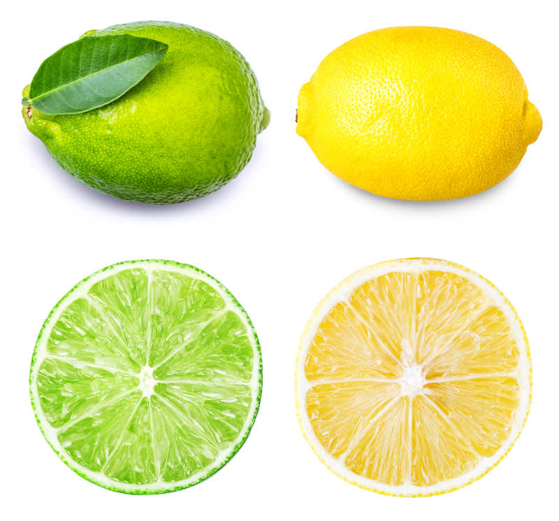 黄皮柠檬与绿皮柠檬在白色背景下