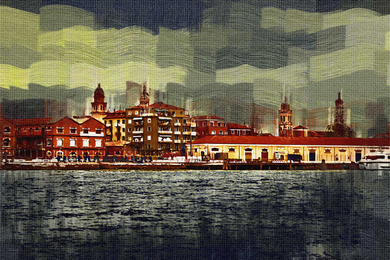 湖边的威尼斯建筑油画