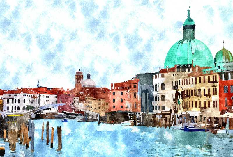 威尼斯湖边美景风景油画