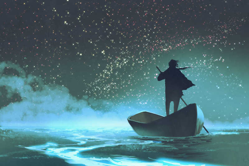 美丽的星空下海上划船的人插画