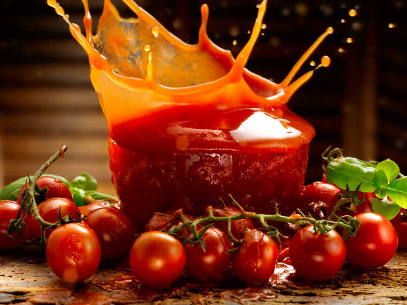 番茄与碗里飞溅出的美味番茄酱