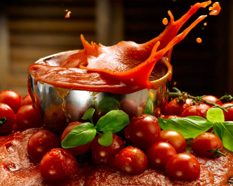 番茄与碗里溅出的番茄酱