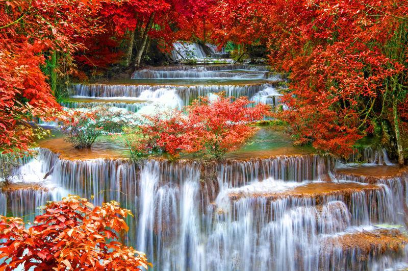 秋天森林里美丽的瀑布