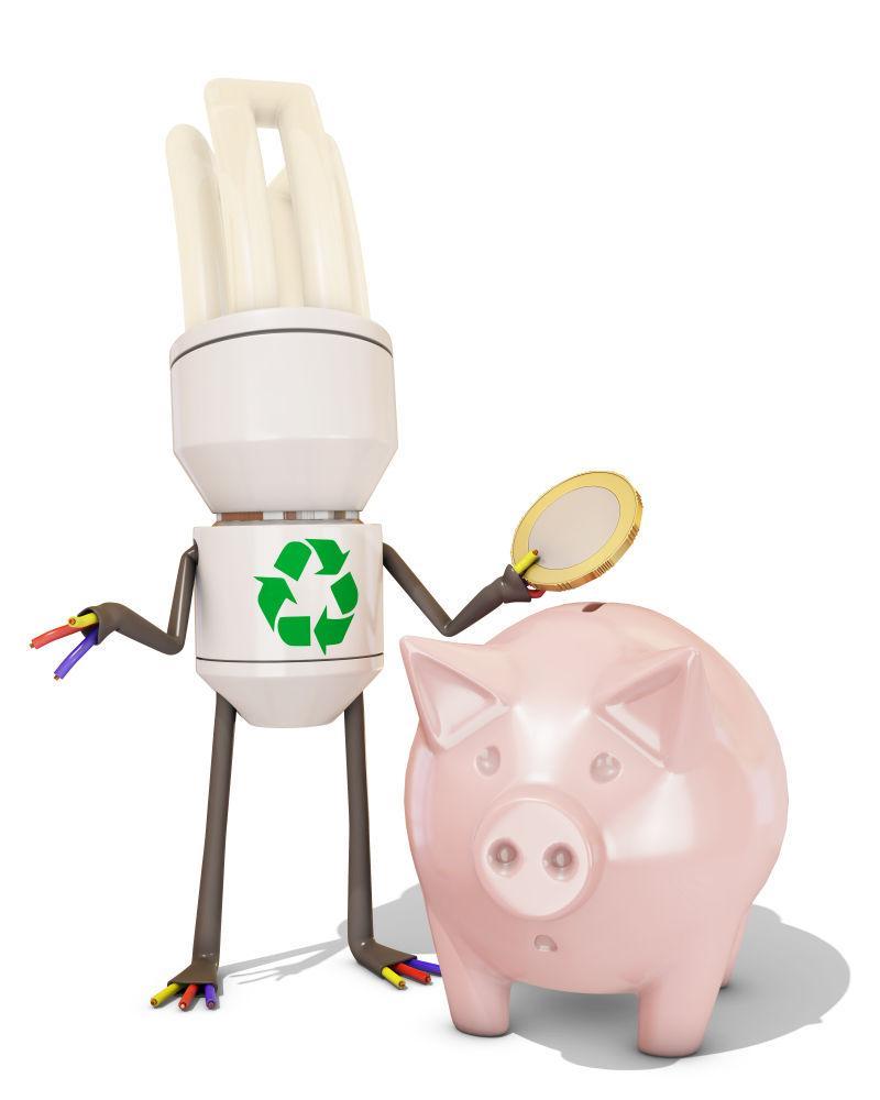 白色背景下可循环回收利用的3D人物和小猪存钱罐