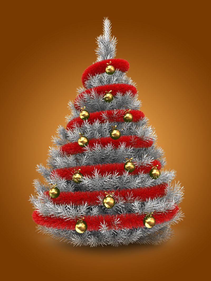 黄色背景下白色的缠绕着红色绳和金色球的圣诞树创意