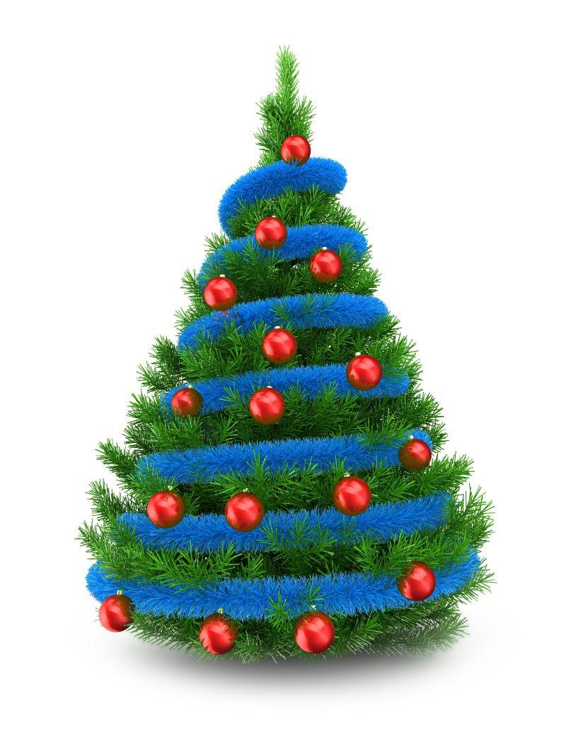 白色背景下缠绕蓝色绳和红色球的圣诞树三维创意