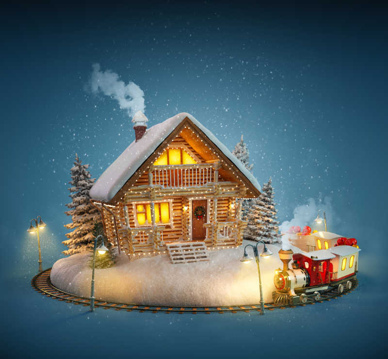 蓝色背景上的圣诞房子和小火车
