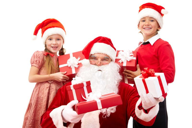 白色背景下圣诞老人给孩子们派送礼物