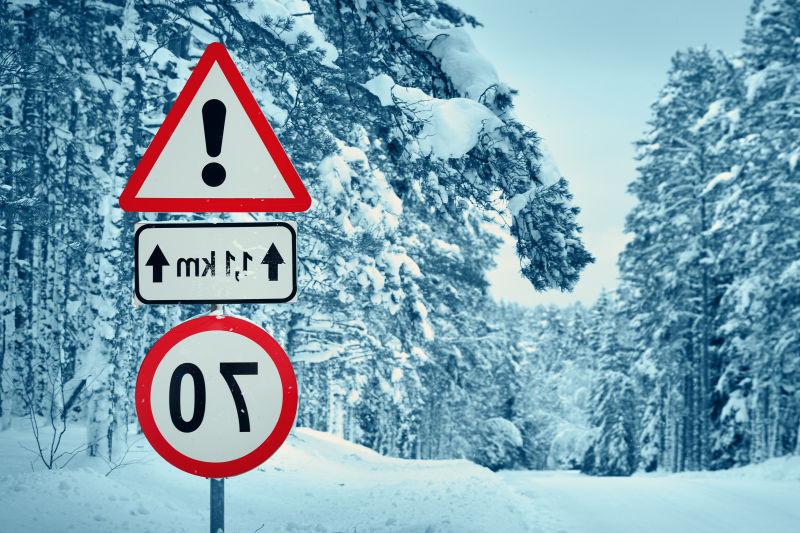 冬季道路上森林景观中的警示标志