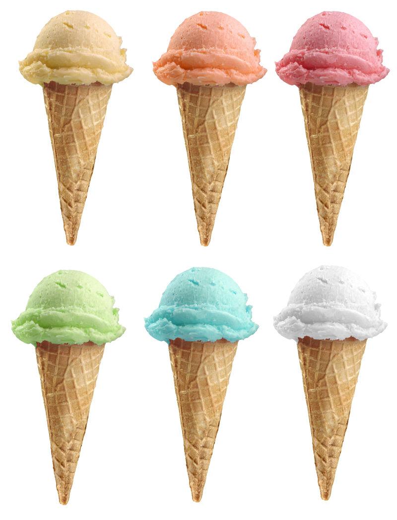 白色背景上六种不同口味的冰激凌甜筒