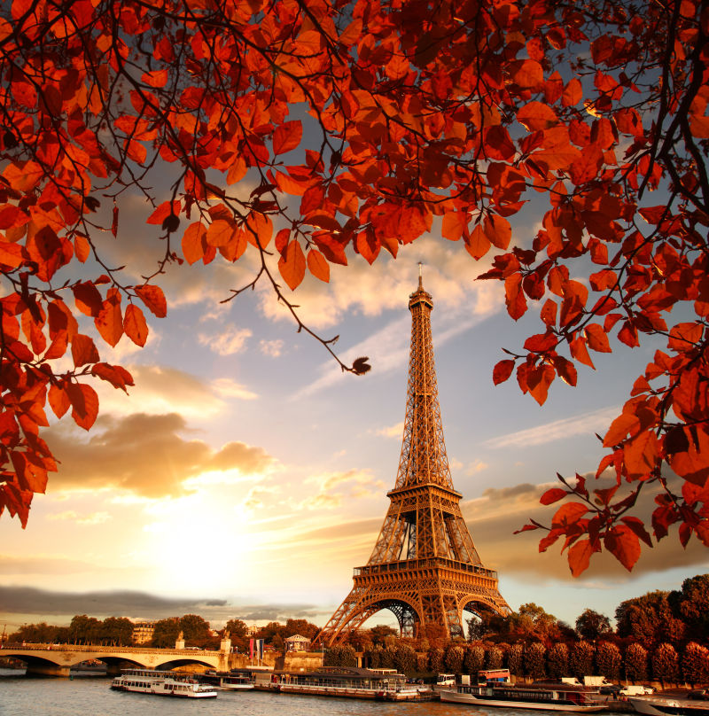 秋季落叶与巴黎铁塔